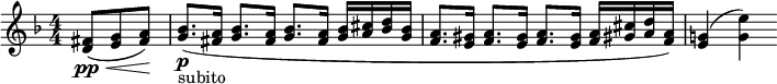  \relative c' { \clef treble \numericTimeSignature \time 4/4 \key d \minor \partial 8*3 <fis d>8(\pp\< <g e> <a fis>)\! | <bes g>8.\p_"subito"( <a fis>16 <bes g>8. <a fis>16 <bes g>8. <a fis>16 <bes g> <cis a> <d bes> <bes g> | <a f>8. <gis e>16 <a f>8. <gis e>16 <a f>8. <gis e>16 <a f> <cis gis!> <d a> <a f>) | <g! e>4( <e' g,>) } 