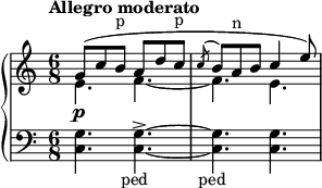 { \new PianoStaff << \new Staff << \new Voice \relative c'' { \tempo "Allegro moderato" \clef treble \key c \major \time 6/8 \voiceOne g8( c b^\markup { p } a d c^\markup { p } \acciaccatura { c } b a^\markup { n } b c4 e8) } \new Voice \relative c' { \voiceTwo e4.\p f~ f e } >> \new Staff << \relative c { \clef bass \key c \major \time 6/8 <c g'>4. <c g'>~->_\markup { \center-align { ped } } <c g'>_\markup { \center-align { ped } } <c g'> } >> >> }