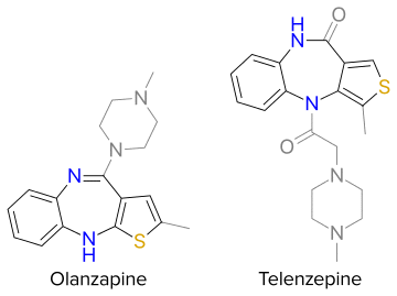 General structure of thienobenzodiazepines. Core is highlighted by black and color. Grey depicts accessory functional groups.