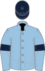 Light blue, dark blue armlets, dark blue cap