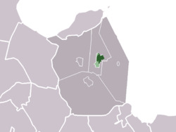The town centre (darkgreen) and the statistical district (lightgreen) of Wieringerwerf in the former municipality of Wieringermeer.
