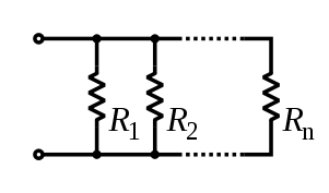 A diagram of several resistors, side by side, both leads of each connected to the same wires.