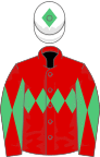 Red, emerald green triple diamond, diabolo on sleeves, white cap, emerald green diamond