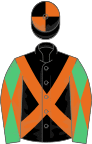 BLACK, orange cross sashes, emerald green sleeves, orange diabolo, black and orange quartered cap
