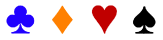 English four-color Bridge decks use black spades, red hearts, orange diamonds, and blue clubs.
