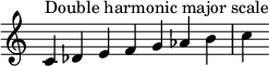 { \override Score.TimeSignature #'stencil = ##f \relative c' { \clef treble \time 7/4 c4^\markup { Double harmonic major scale } des e f g aes b c } } 