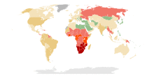 A map of the world where most of the land is colored green or yellow except for Sub-Saharan Africa which is colored red