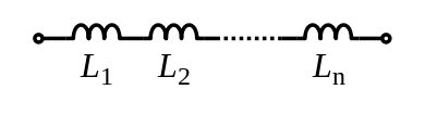 A diagram of several inductors, connected end to end, with the same amount of current going through each.