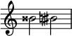 { \override Score.TimeSignature #'stencil = ##f \relative c'' { \clef treble \key c \major \time 4/4 \hide Staff.TimeSignature bisis2 bis2 } } 