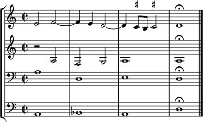  { << \new StaffGroup << \new Staff << \clef treble \time 2/2 \relative c' { \clef treble \time 2/2 e2 f2~ f4 e d2~ d4 \once \set suggestAccidentals = ##t cis8 b \once \set suggestAccidentals = ##t cis!2 d1\fermata } >> \new Staff << \clef treble \time 2/2 \new Voice \relative c' { r2 a f g a1 a1\fermata } >> \new Staff << \clef bass \time 2/2 \new Voice \relative c' { a1 d, e d\fermata } >> \new Staff << \clef bass \time 2/2 \new Voice \relative c { a1 bes a d\fermata \bar "|." } >> >> >> } 