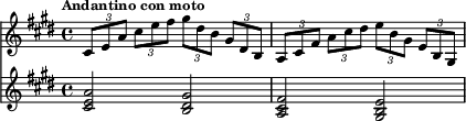 { #(set-global-staff-size 16) << \new Staff << \relative c' { \clef treble \time 4/4 \key e \major \tuplet 3/2 { cis8 e a } \tuplet 3/2 { cis e fis } \tuplet 3/2 {gis dis b } \tuplet 3/2 { gis dis b } \tuplet 3/2 { a cis fis } \tuplet 3/2 { a cis dis } \tuplet 3/2 { e b gis } \tuplet 3/2 { e b gis } } >> \new Staff << \relative c' { \clef treble \time 4/4 \key e \major \tempo "Andantino con moto" <cis e a>2 <b dis gis> <a cis fis> <gis b e> } >> >> }