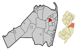 Map of Shrewsbury in Monmouth County. Inset: Location of Monmouth County highlighted in the State of New Jersey.