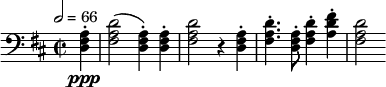 \relative c' { \set Staff.midiInstrument = #"french horn" \clef bass \time 2/2 \key d \major \tempo 2 = 66 \partial 4*1 <a fis d>4-.\ppp | <d a fis>2( <a fis d>4-.) <a fis d>-. | <d a fis>2 r4 <a fis d>4-. | <d a fis>4.-. <a fis d>8-. <d a fis>4-. <fis d a>-. | <d a fis>2 } 