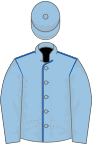 Light blue, royal blue seams, light blue sleeves and cap