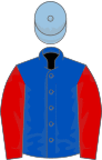 Royal blue, red sleeves, light blue cap
