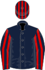 Dark blue, red striped sleeves, striped cap