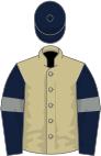 Beige, dark blue sleeves, grey armlets, dark blue cap