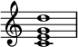 { \override Score.TimeSignature #'stencil = ##f \relative c' { \clef treble \time 4/4 \key c \major <c e g d'>1 } }
