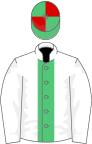 White, emerald green stripe, green and red quartered cap