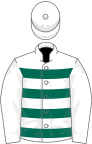White, dark green hoops, white sleeves and cap