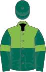 light green and dark green halved horizontally, light green armlets on dark green sleeves, dark green cap