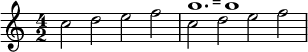  { \time 4/2 c''2 d'' e'' f'' | c''^\markup { \note #"1." #1 = \note #"1" #1 } d'' e'' f'' } 