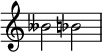  { \override Score.TimeSignature #'stencil = ##f \relative c'' { \clef treble \key c \major \time 4/4 beses2 bes2 } } 