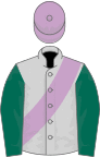 Light grey, dark green sleeves, lilac sash and cap