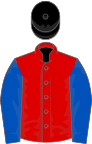 Red, royal blue sleeves, black cap