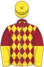 Maroon and yellow diamonds, halved sleeves, yellow cap