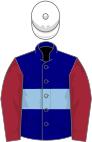 Navy blue, light blue hoop, maroon sleeves, white cap