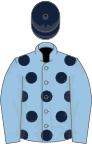 Light blue, dark blue spots, light blue sleeves, dark blue cap