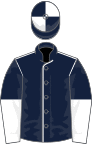 Dark blue, white seams, dark blue sleeves, white halved, white cap, dark blue quartered
