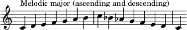  { \override Score.TimeSignature #'stencil = ##f \relative c' { \clef treble \time 7/4 c4^\markup { Melodic major (ascending and descending) } d e f g a b c bes aes g f e d c } } 