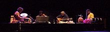 (left to right) Zakir Hussain, U. Srinivas, John McLaughlin, V. Selvaganesh