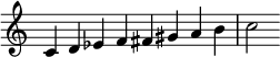  { \override Score.TimeSignature #'stencil = ##f \relative c' { \clef treble \key c \major \time 8/4 c4 d es f fis gis a b c2 } } 