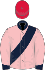 Pink, dark blue sash, collar and cuffs, crimson cap