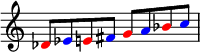  { \override Score.TimeSignature #'stencil = ##f \relative c' { \clef treble \key c \major \once \override NoteHead.color = #red des8 \once \override NoteHead.color = #blue es \once \override NoteHead.color = #red e! \once \override NoteHead.color = #blue fis \once \override NoteHead.color = #red g \once \override NoteHead.color = #blue a \once \override NoteHead.color = #red bes \once \override NoteHead.color = #blue c } } 