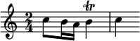  \relative c'' { \time 2/4 c8 b16 a b4\trill c4 } 