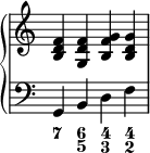  { \override Score.TimeSignature #'stencil = ##f \new PianoStaff << \new Staff << \relative c' { \clef treble \time 4/4 <b d f>4 <g d' f> <b f' g > <b d g> } >> \new Staff << \relative c { \clef bass \time 4/4 g4 b d f } \figures { <7>4 <6 5> <4 3> <4 2> } >> >> } 