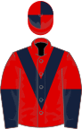 Red, Dark Blue chevron, halved sleeves, quartered cap