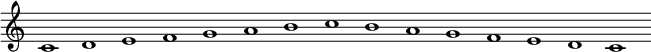  \relative c' { c1 d1 e1 f1 g1 a1 b1 c1 b1 a1 g1 f1 e1 d1 c1 } \layout { \context { \Staff \remove Time_signature_engraver \remove Bar_engraver } } \midi { \tempo 1 = 120 } 