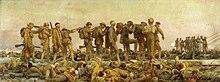 Men walk in a line with hands on each others backs