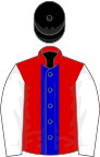 Red, blue stripe, white sleeves, black cap