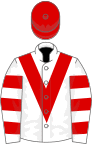 White, red chevron, hooped sleeves, red cap