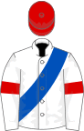 White, Royal Blue sash, White sleeves, Red armlets, Red cap