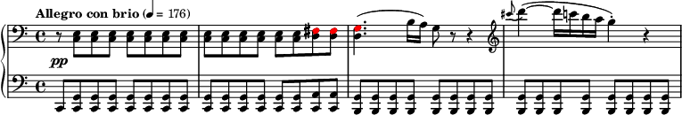  { #(set-global-staff-size 18) { \new PianoStaff << \new Staff << \new Voice \relative c { \once\override DynamicLineSpanner.staff-padding = #4 \clef bass \time 4/4 \tempo "Allegro con brio" 4 = 176 \override DynamicLineSpanner.staff-padding = #2.5 r8\pp <c e> <c e> <c e> <c e> <c e> <c e> <c e> <c e> <c e> <c e> <c e> <c e> <c e> <d fis> <d fis> <d g>4.( b'16 a) g8 r r4 \clef treble \grace { cis''8( } d4~)( d16 c b a g4-.) r4 } \new Voice \relative c { \override NoteHead.color = #red \hide Stem s1 s2 s4 fis8 fis g4. } >> \new Staff { \relative c, { \clef bass c8 <c g'> <c g'> <c g'> <c g'> <c g'> <c g'> <c g'> <c g'> <c g'> <c g'> <c g'> <c g'> <c g'> <c a'> <c a'> <b g'> <b g'> <b g'> <b g'> <b g'> <b g'> <b g'> <b g'> <b g'> <b g'> <b g'> <b g'> <b g'>[ <b g'> <b g'> <b g'>] } } >> } } 