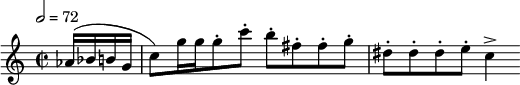 \relative c'' { \clef treble \time 2/2 \key c \major \tempo 2 = 72 \partial 4*1 aes16( bes b g | c8) g'16 g g8-. c-. b-. fis-. fis-. g-. | dis-. dis-. dis-. e-. c4-> }
