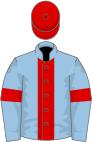 Light blue, red stripe, armlets and cap