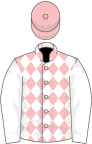 Pink and white diamonds, white sleeves, pink cap